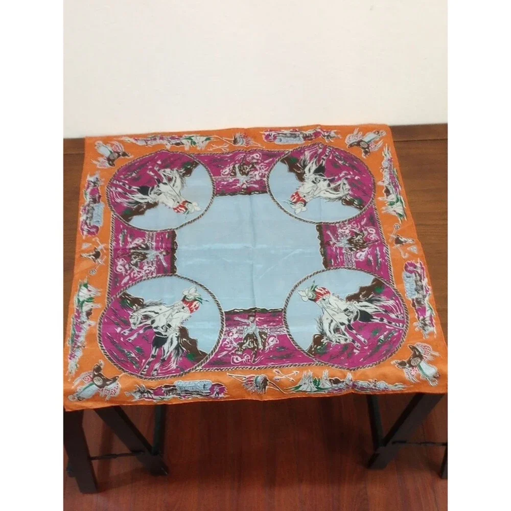 Novelty Print Western Cowboy Bucking Bronco Themed Silk Scarf - Vintage!